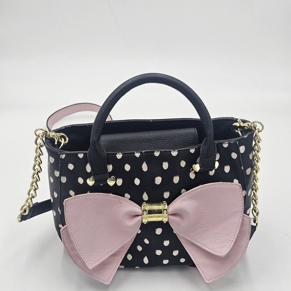 Betsey Johnson Black White Polka Dot Pink Bow Handbag Satchel Gold Chain Y2K